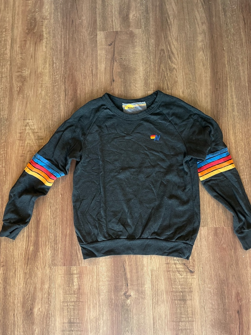 Aviator Nation Black Crewneck Sweater with Rainbow Sleeve Stripes